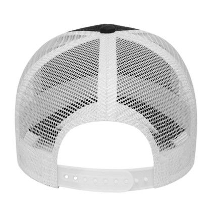 Custom Two-Tone Trucker Mesh Back Cap - Faux Leather Applique - Black/white - Back view Custom Two-Tone Trucker Mesh Back Cap - Faux Leather Applique - Black/white - Back view