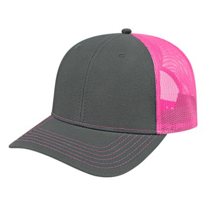 Custom Custom Trucker Mesh Back Cap - Faux Leather Applique - Charcoal with neon pink Custom Custom Trucker Mesh Back Cap - Faux Leather Applique - Charcoal with neon pink