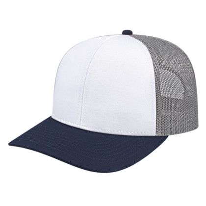 Custom Poly/Cotton Trucker Mesh Back Cap - Faux Leather Applique - White/Navy/Gray