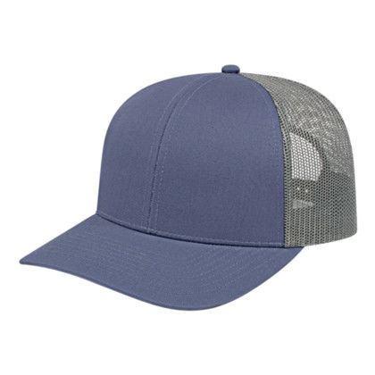 Custom Poly/Cotton Trucker Mesh Back Cap - Faux Leather Applique - Blue/Charcoal