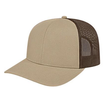 Custom Poly/Cotton Trucker Mesh Back Cap - Faux Leather Applique - Khaki/brown