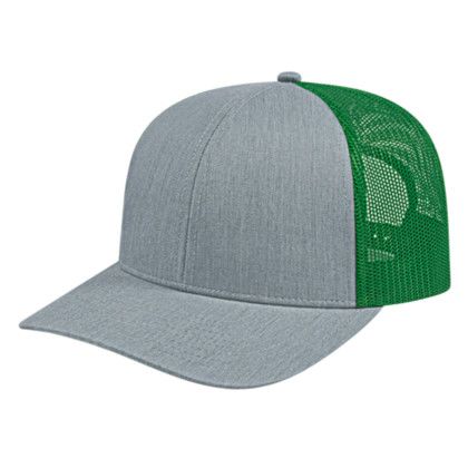 Custom Poly/Cotton Trucker Mesh Back Cap - Faux Leather Applique - Heather/Kelly green