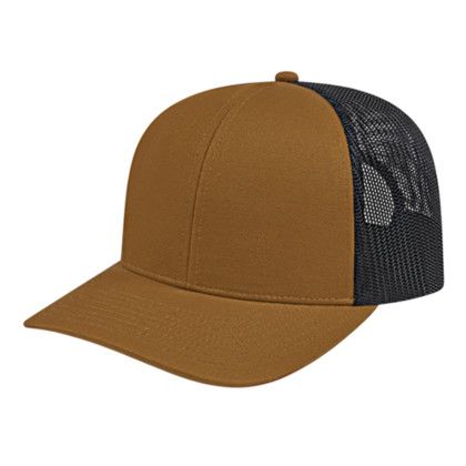 Custom Poly/Cotton Trucker Mesh Back Cap - Faux Leather Applique - Caramel/Black