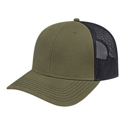 Custom Custom Trucker Mesh Back Cap - Faux Leather Applique - Loden with black Custom Custom Trucker Mesh Back Cap - Faux Leather Applique - Loden with black