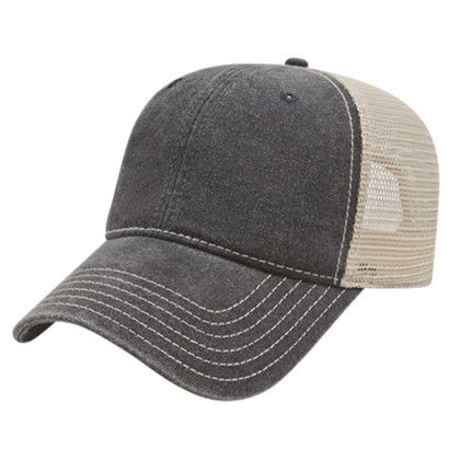 Custom Washed Pigment Dyed with Washed Trucker Mesh Cap - Genuine Leather Applique - Black/stone