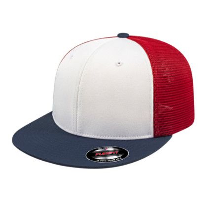 Custom Flexfit Performance Trucker Mesh Back Cap - Genuine Leather Applique - White/Navy/Red_XS