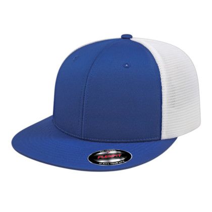 Custom Flexfit Performance Trucker Mesh Back Cap - Genuine Leather Applique - Royal/White_L/XL