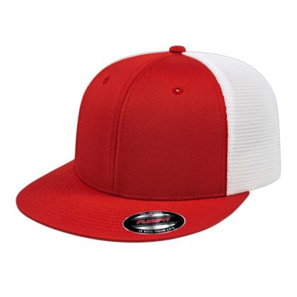 Custom Flexfit Performance Trucker Mesh Back Cap - Genuine Leather Applique - Red/White_XXL