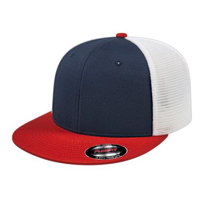 Custom Flexfit Performance Trucker Mesh Back Cap - Genuine Leather Applique - Navy/Red/White_L/XL