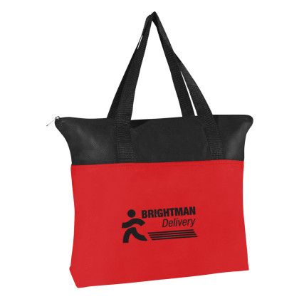 Custom Business Logo Imprinted Zippered Tote Bag - Non-Woven Zippered Tote - Red