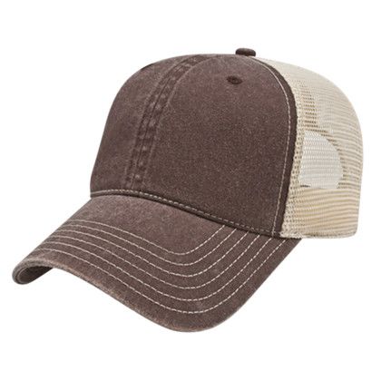 Custom Washed Pigment Dyed with Washed Trucker Mesh Cap - Faux Leather Applique - Brown/stone