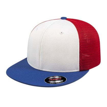 Custom Flexfit Performance Trucker Mesh Back Cap - Faux Leather Applique - White/Royal/Red_XXL
