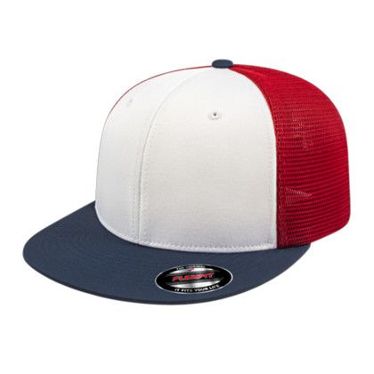 Custom Flexfit Performance Trucker Mesh Back Cap - Faux Leather Applique - White/Navy/Red_XXL