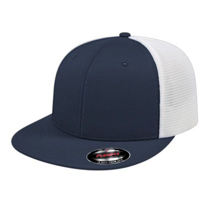Custom Flexfit Performance Trucker Mesh Back Cap - Faux Leather Applique - Navy/White_XXL