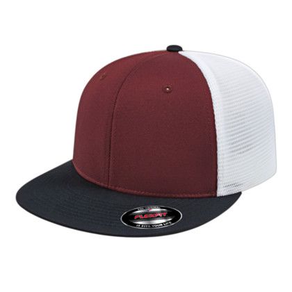 Custom Flexfit Performance Trucker Mesh Back Cap - Faux Leather Applique - Maroon/Black/White_L/XL