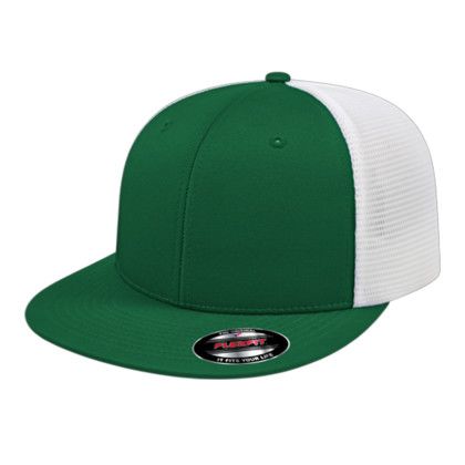 Custom Flexfit Performance Trucker Mesh Back Cap - Faux Leather Applique - Dark Green/White_XXL