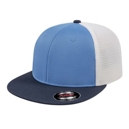 Custom Flexfit Performance Trucker Mesh Back Cap - Faux Leather Applique - Columbia/Navy/White_XS