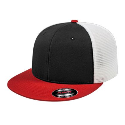 Custom Flexfit Performance Trucker Mesh Back Cap - Faux Leather Applique - Black/Red/White_L/XL