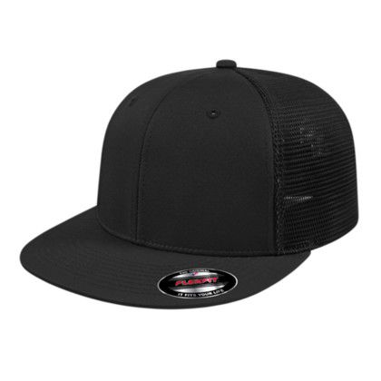 Custom Flexfit Performance Trucker Mesh Back Cap - Faux Leather Applique - Black_XS