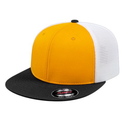 Custom Flexfit Performance Trucker Mesh Back Cap - Faux Leather Applique - Athletic Gold/Black/White_XS