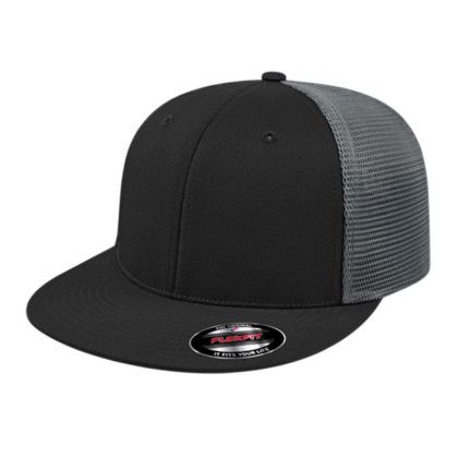 Custom Flexfit Performance Trucker Mesh Back Cap - Faux Leather Applique - Black/Graphite_XS