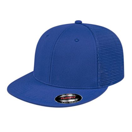 Custom Flexfit Performance Trucker Mesh Back Cap - Faux Leather Applique - Royal_L/XL