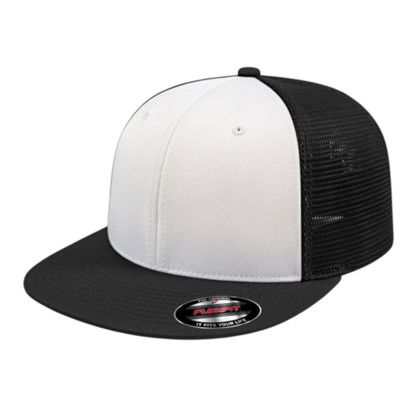 Custom Flexfit Performance Trucker Mesh Back Cap - Faux Leather Applique - White/Black/Black-XS