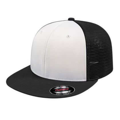 Custom Flexfit Performance Trucker Mesh Back Cap - Faux Leather Applique - White/Black/Black-LG/XL