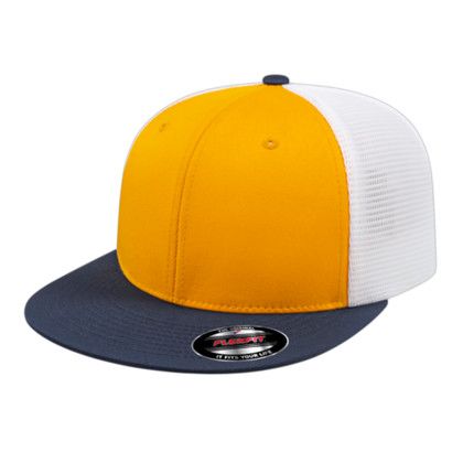 Custom Flexfit Performance Trucker Mesh Back Cap - Genuine Leather Applique - Athletic gold/navy/white_XS