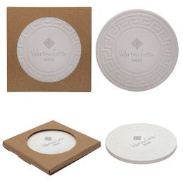 Custom Round Greek Key Absorbent Stone Coaster - Natural Cream