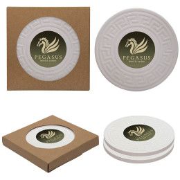 Custom Round Greek Key Absorbent Stone Coaster Duo - Full Color - Natural Cream