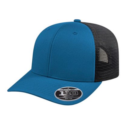 Custom Flexfit 110 Premium Trucker Mesh Back Cap - Faux Leather Applique - Indigo Blue/Black