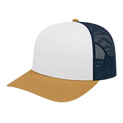 Custom Poly/Cotton Trucker Mesh Back Cap - Genuine Leather Applique - White-Amber-Navy