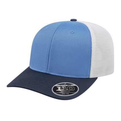 Custom Flexfit 110 Premium Trucker Mesh Back Cap - Genuine Leather Applique - Columbia/navy/white - 0SFM