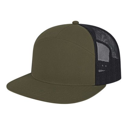 Custom 7 Panel Trucker Mesh Back Cap - Faux Leather Applique - Loden/black