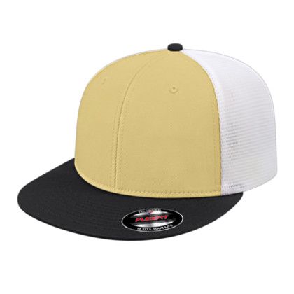 Custom Flexfit Performance Trucker Mesh Back Cap - Genuine Leather Applique - Vegas Gold/Black/White_XXL