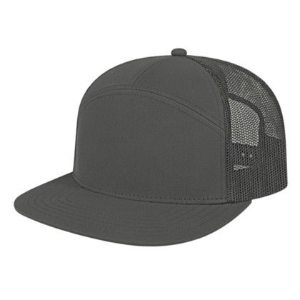 Custom 7 Panel Trucker Mesh Back Cap - Genuine Leather Applique - Charcoal