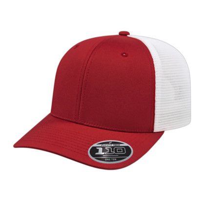 Custom Flexfit 110 Premium Trucker Mesh Back Cap - Faux Leather Applique - Cardinal/white