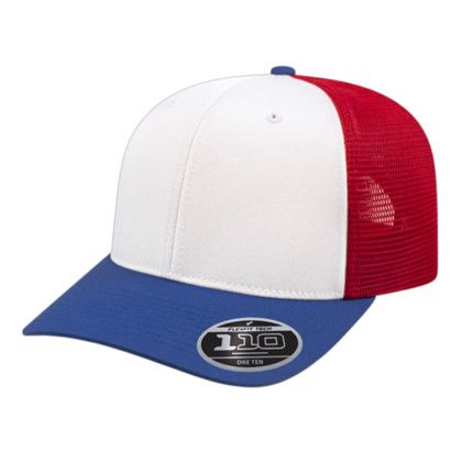 Custom Flexfit 110 Premium Trucker Mesh Back Cap - Genuine Leather Applique - White/royal/red - 0SFM
