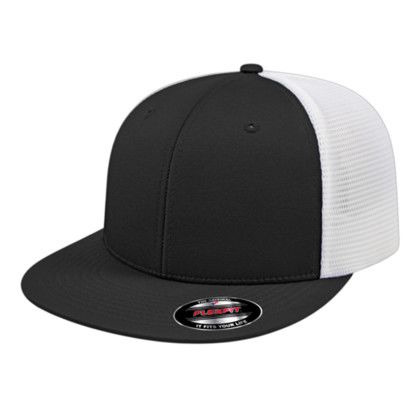 Custom Flexfit Performance Trucker Mesh Back Cap - Genuine Leather Applique - Black/white_XXL