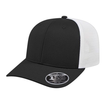 Custom Flexfit 110 Premium Trucker Mesh Back Cap - Genuine Leather Applique - Black/white - 0SFM