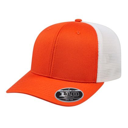 Custom Flexfit 110 Premium Trucker Mesh Back Cap - Genuine Leather Applique - Orange/white - 0SFM
