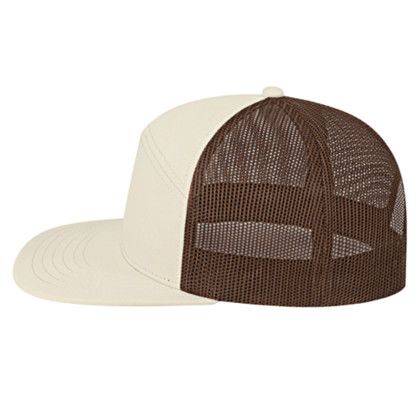 Custom 7 Panel Trucker Mesh Back Cap - Genuine Leather Applique - Stone/brown - Side view