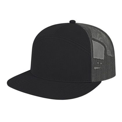 Custom 7 Panel Trucker Mesh Back Cap - Genuine Leather Applique - Black/Charcoal