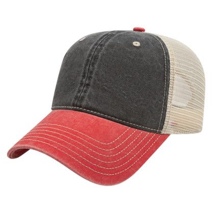 Custom Washed Pigment Dyed with Washed Trucker Mesh Cap - Genuine Leather Applique - Black/Red/Stone