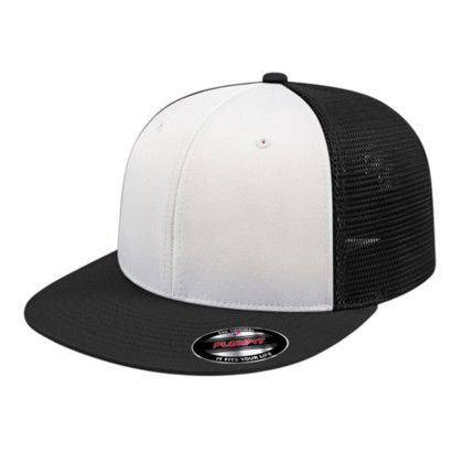 Custom Flexfit Performance Trucker Mesh Back Cap - Genuine Leather Applique - White/Black/Black_SM/MD
