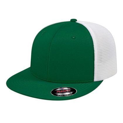 Custom Flexfit Performance Trucker Mesh Back Cap - Genuine Leather Applique - Dark Green/white_S/M