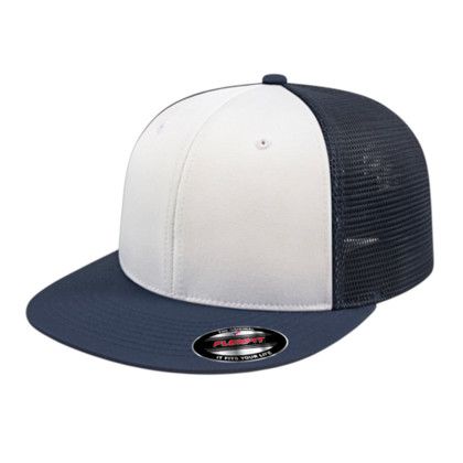 Custom Flexfit Performance Trucker Mesh Back Cap - Genuine Leather Applique - White/Navy/Navy_XS