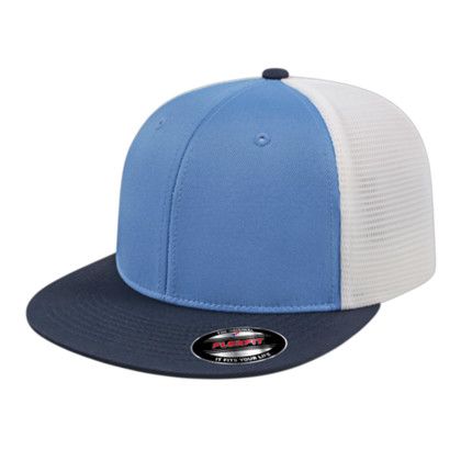 Custom Flexfit Performance Trucker Mesh Back Cap - Genuine Leather Applique - Columbia/navy/white_L/XL