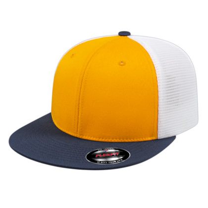 Custom Flexfit Performance Trucker Mesh Back Cap - Genuine Leather Applique - Athletic gold/navy/white_L/XL